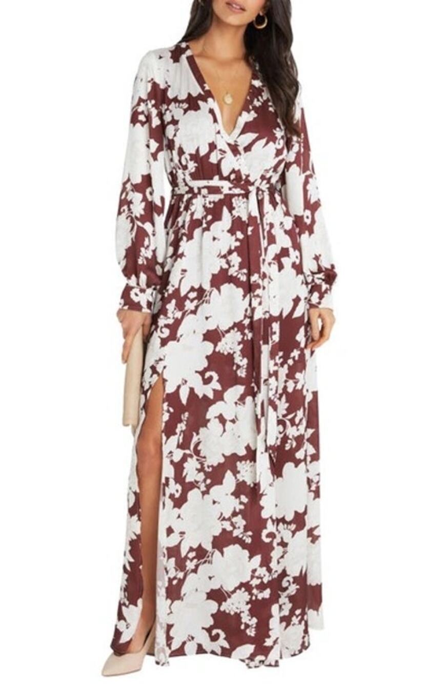NWT VICI COLLECTION Brown Floral Print Long Sleeve Waist Tie Maxi Dress XS